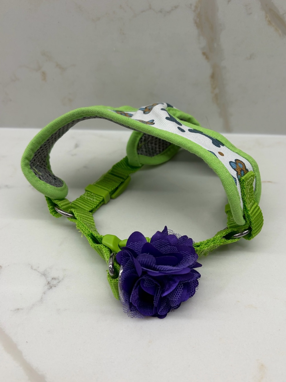 Small Dog Green Harness with Purple Flower Accent